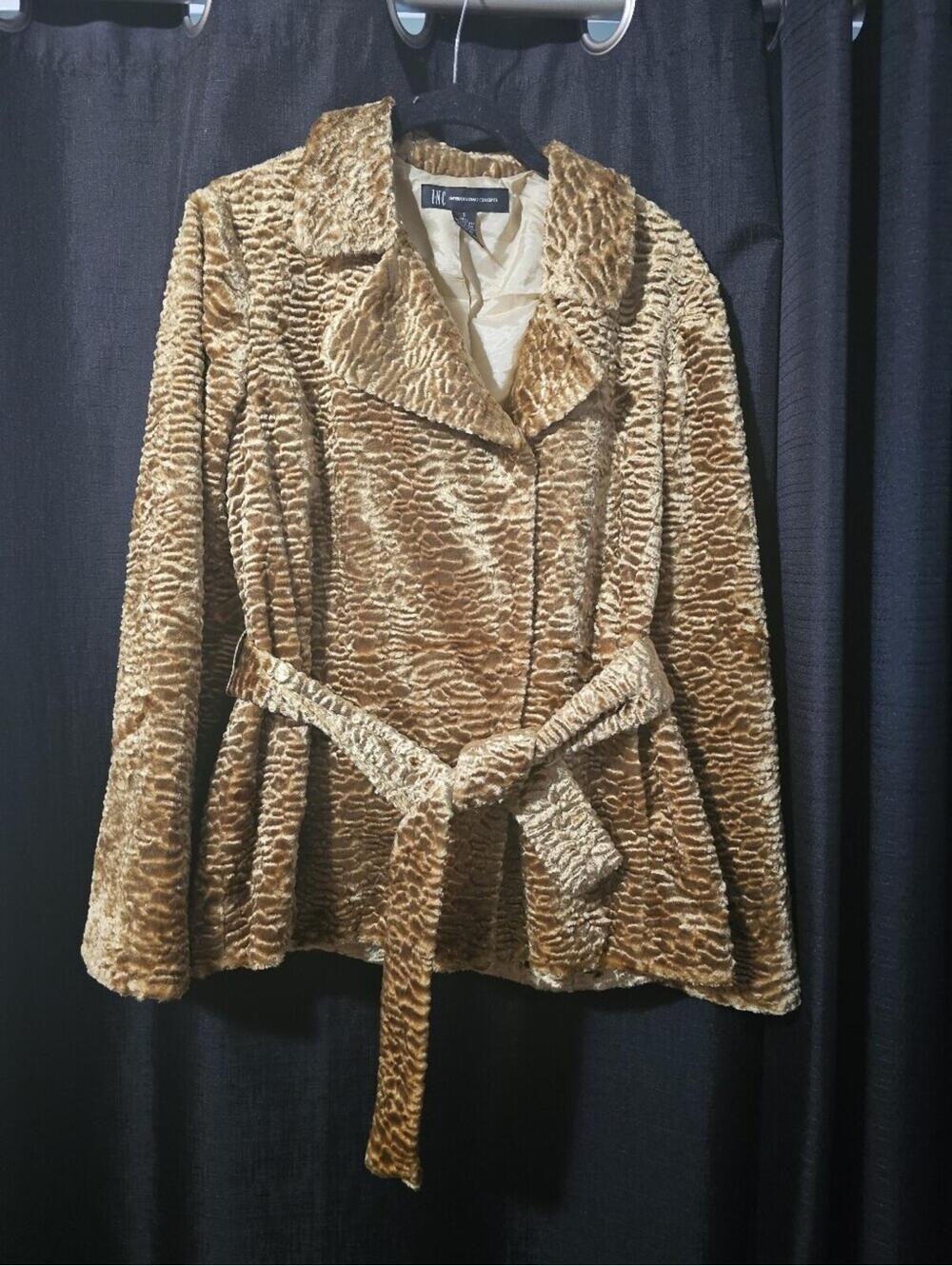 INC International Concepts Textured Faux-Fur Belted Jacket - Brown S